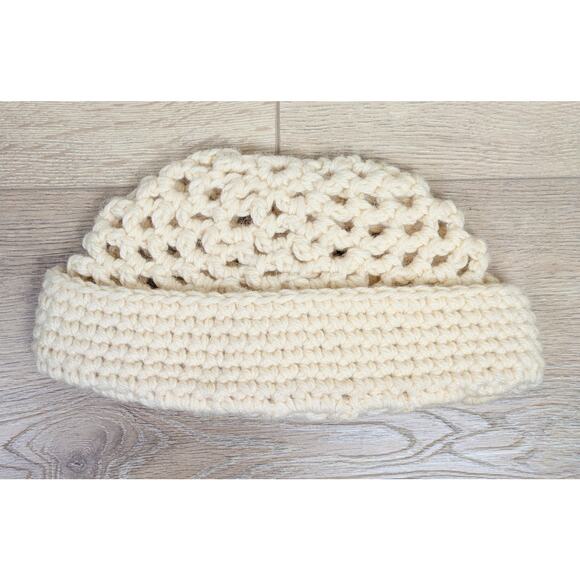 John Molloy Ireland Pure Virgin Wool Cream Crochet Hat Hand Knit Center Rosette - Picture 7 of 11